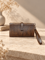 کیف پول چرم طبیعی شایان رنگ قهوه‌ای — دکمه فلزی